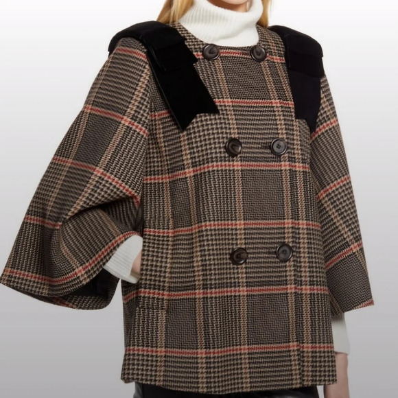 Halogen x Atlantic Pacific Glen Plaid Pea Coat Bell Sleeve Tan/Black Size Medium - Picture 14 of 15